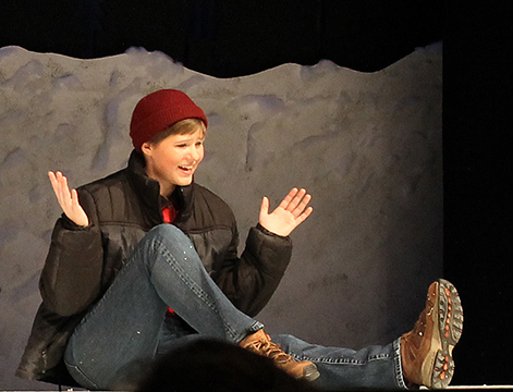 Practicing for the play, Adrianna Steele delivers a dramatic dialogue to the Mayo student audience.
